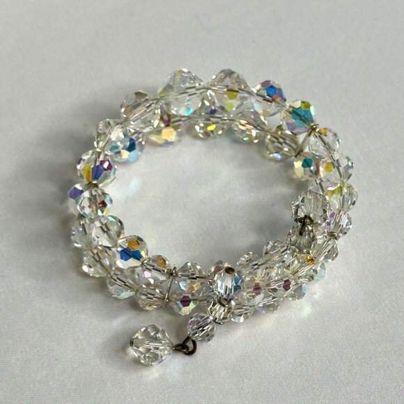 Vintage Aurora Borealis Crystal Beaded Cuff Bracelet W/ Dangle Charms Adjustable - Picture 2 of 8